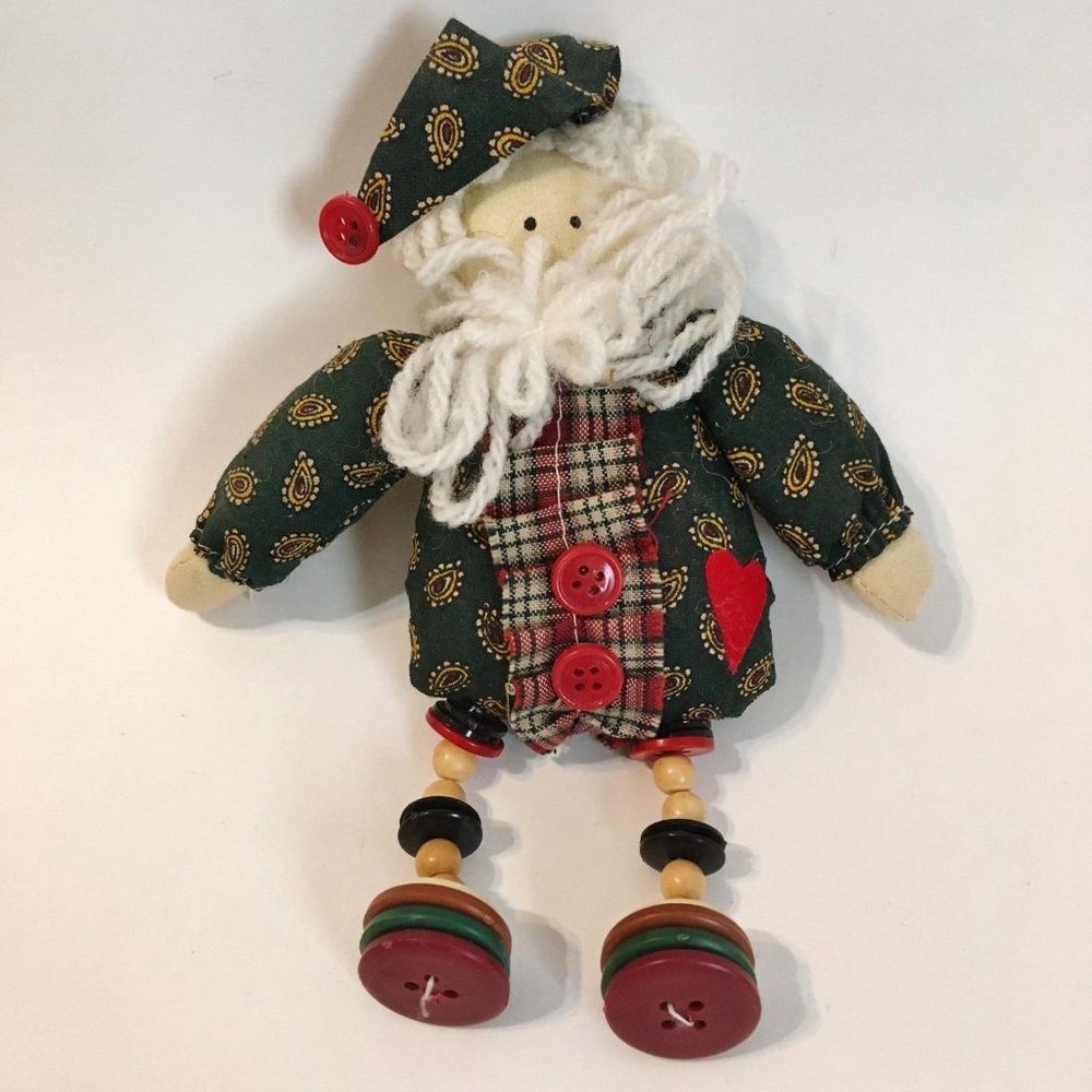 Santa Claus Tree Ornament Doll Yarn Fabric Button Beaded Vintage Christmas Decor